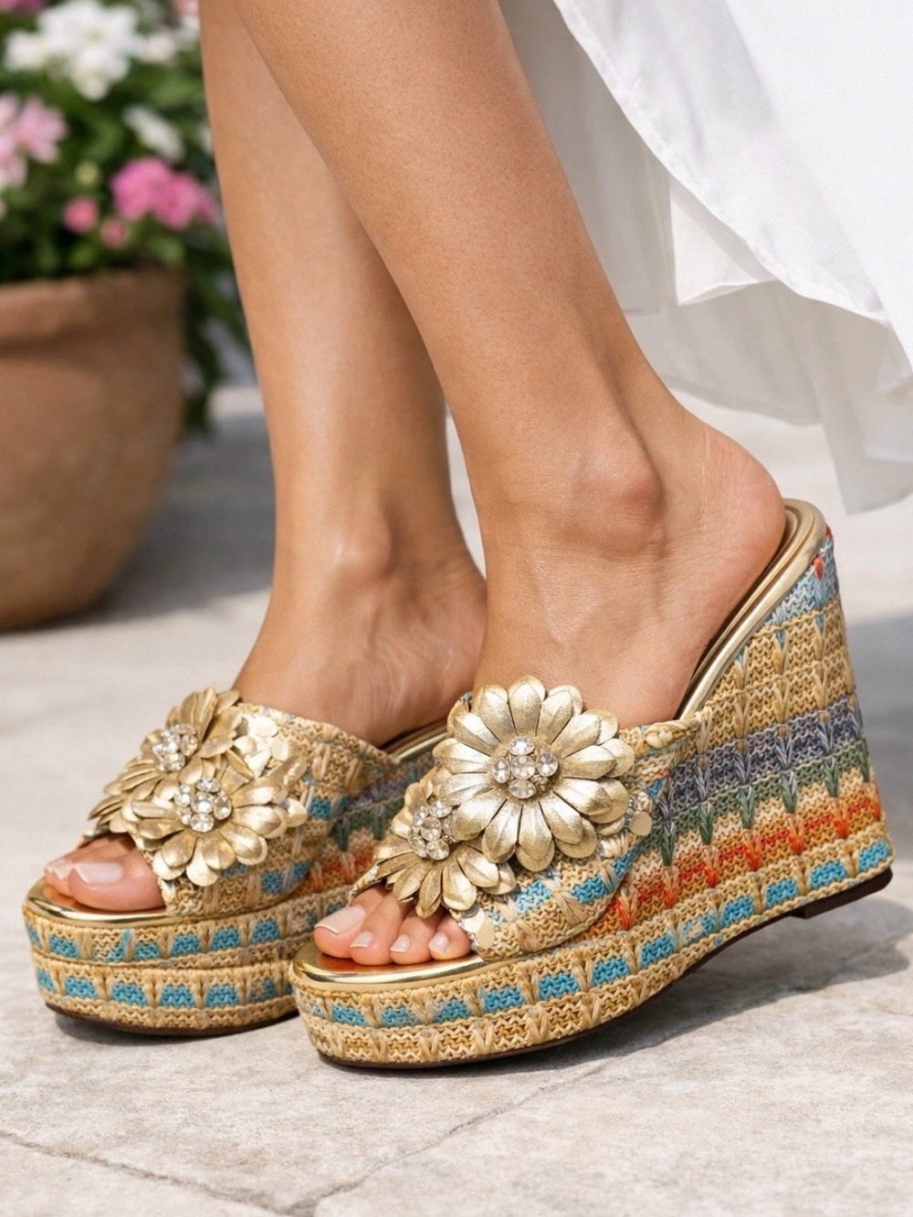 Gold Floral Embellished Wedge Sandals - Women - Picture 1 of 7